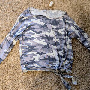 White Birch Med Off shoulder Camo print tie waist three quarter sleeve